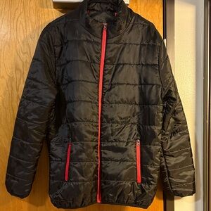 Black Puffer Jacket with Red Accents